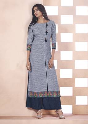Grey Printed Cotton Poly Cotton Kurtis 1