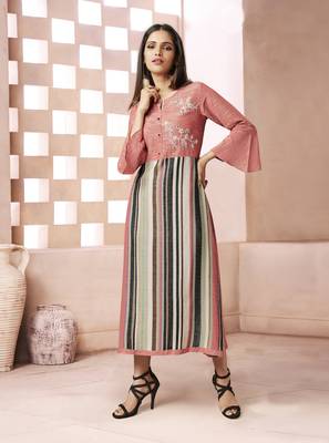 Peach Printed Cotton Poly Cotton Kurtis 1