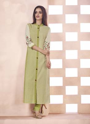 Light Olive Embroidered Cotton Poly Cotton Kurtis 1