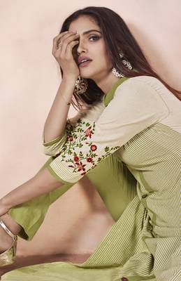 Light Olive Embroidered Cotton Poly Cotton Kurtis 4