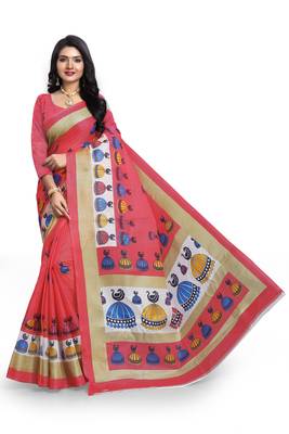   orange printed art silk sarees saree with blouse 1
