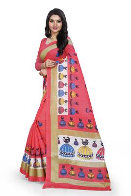   orange printed art silk sarees saree with blouse 2