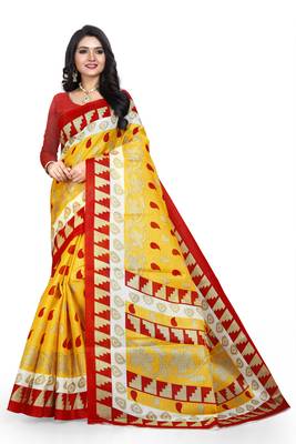   yellow printed art silk sarees saree with blouse 1