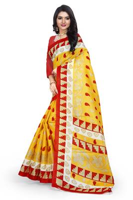   yellow printed art silk sarees saree with blouse 2