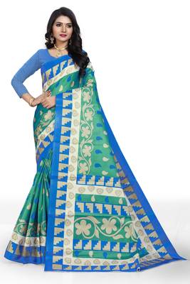 Green printed art silk sarees saree with blouse 1