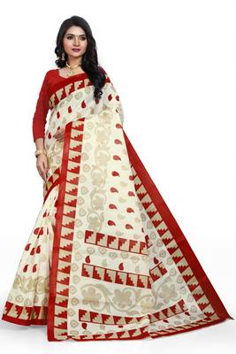   dark white printed art silk sarees saree with blouse 1