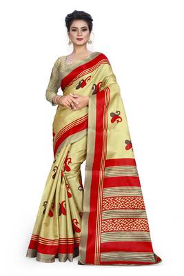   dark cream printed art silk sarees saree with blouse 1