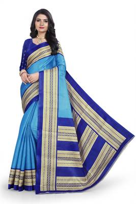 Blue printed art silk sarees saree with blouse 1
