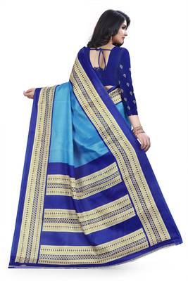 Blue printed art silk sarees saree with blouse 3