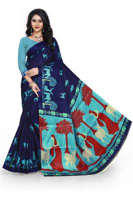   dark blue printed art silk sarees saree with blouse 1