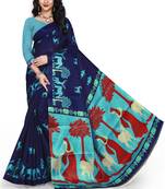   dark blue printed art silk sarees saree with blouse