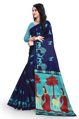   dark blue printed art silk sarees saree with blouse 2