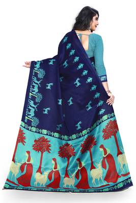   dark blue printed art silk sarees saree with blouse 3