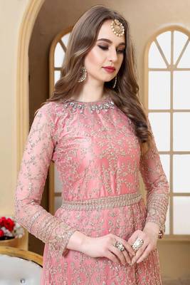 Blush pink embroidered net Anarkali  with dupatta 4
