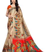 Beige Printed Art Silk Saree With Blouse