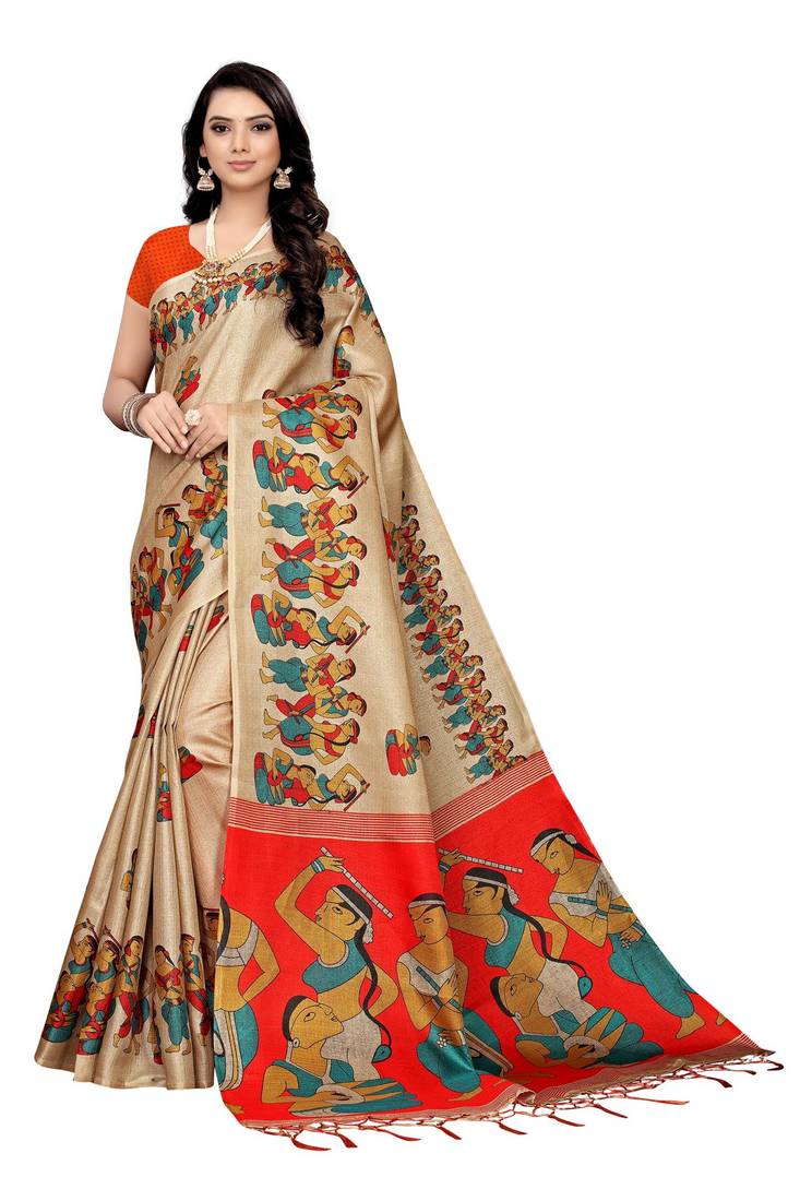 Beige Printed Art Silk Saree With Blouse