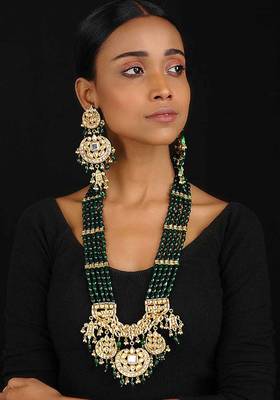 Green Gold Tone Kundan Inspired Jade Necklace With Earrings 
 1