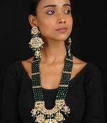 Green Gold Tone Kundan Inspired Jade Necklace With Earrings 
