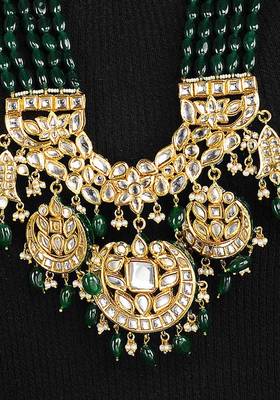Green Gold Tone Kundan Inspired Jade Necklace With Earrings 
 2