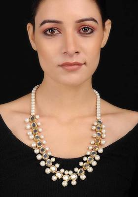 White Gold Tone Kundan Inspired Pearl Necklace
 1