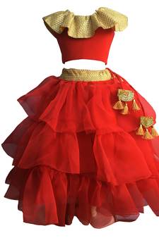 Red blouse ,Frill tissue three layered Lehenga ,indowestern,designer Lehenha choli  without chunni