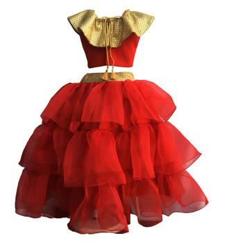 Red blouse ,Frill tissue three layered Lehenga ,indowestern,designer Lehenha choli  without chunni 2