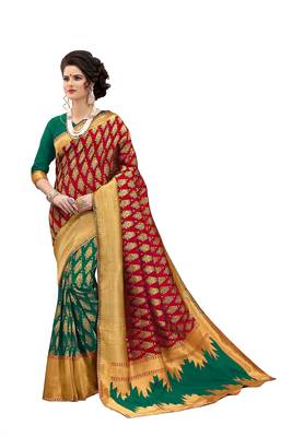 red woven banarasi silk saree with blouse 1