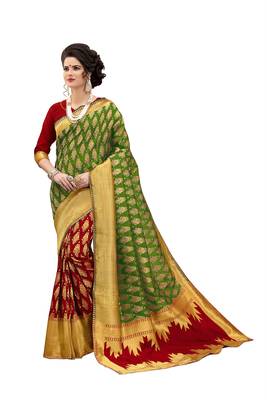 green woven banarasi silk saree with blouse 1