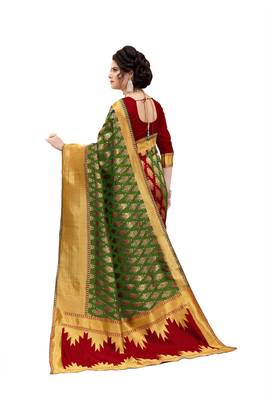 green woven banarasi silk saree with blouse 3