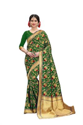 green woven banarasi silk saree with blouse 1