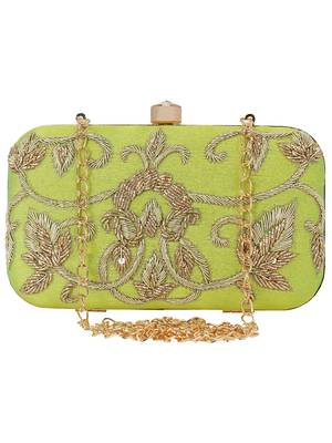 Ethnique Embroidered Party Clutch Parrot Green & Gold 1