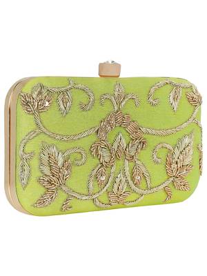Ethnique Embroidered Party Clutch Parrot Green & Gold 2