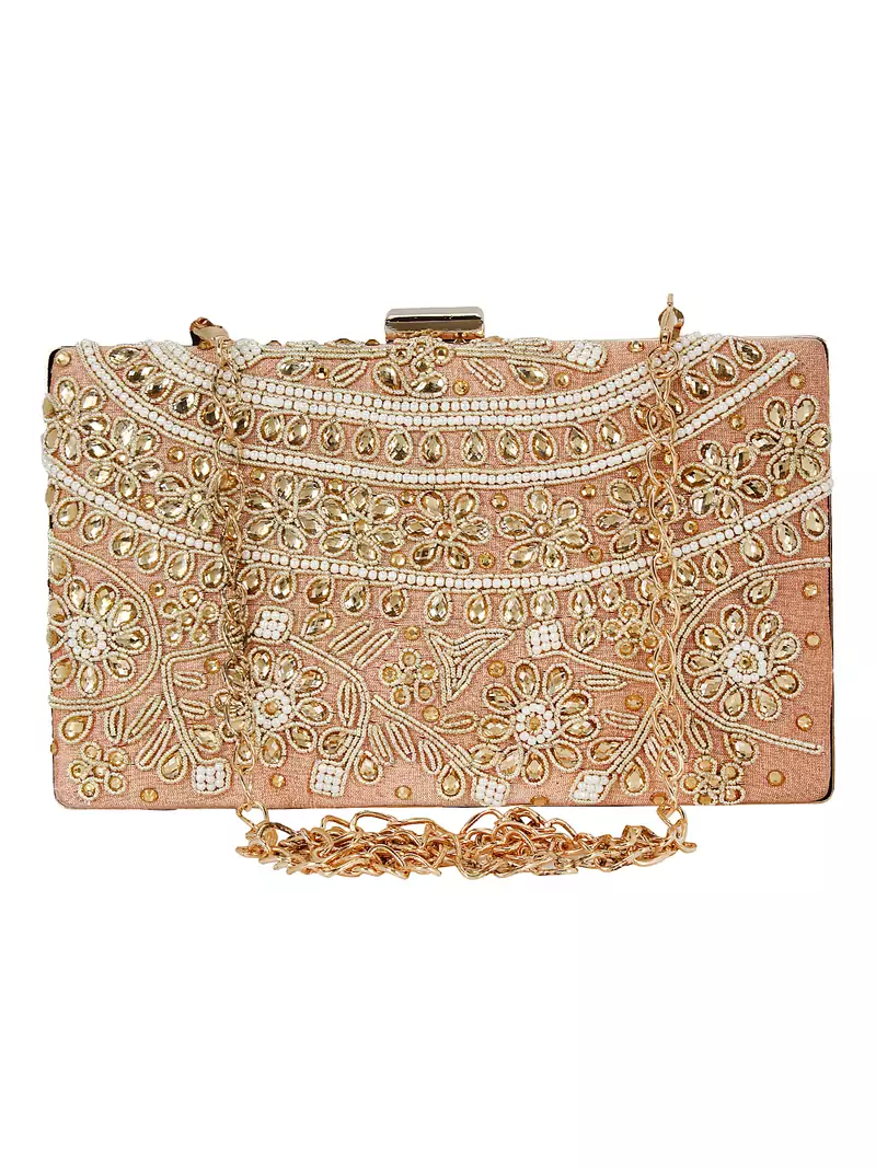 Ethnique Beaded and Embroidered Party Clutch Peach & Gold