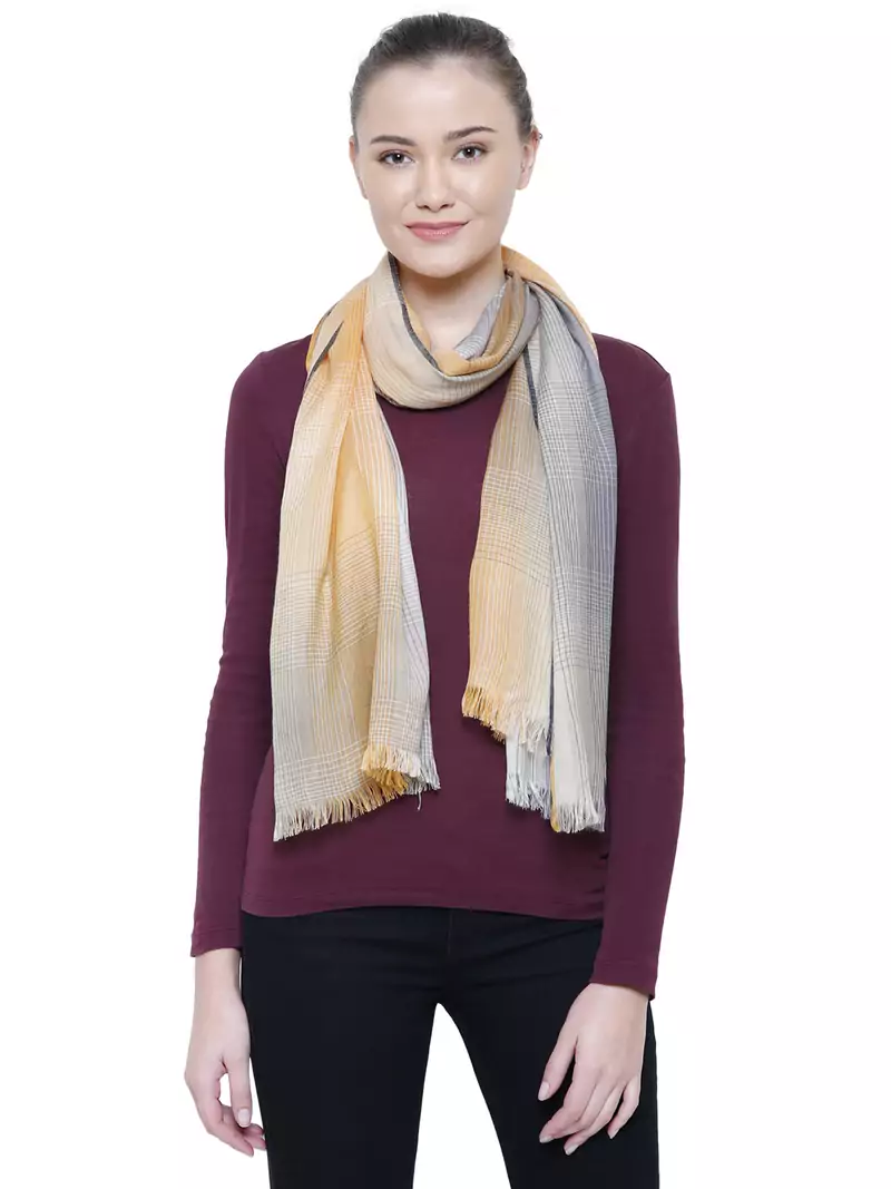 Grey & Yellow Viscose Rayon Checked Woven Design Stole