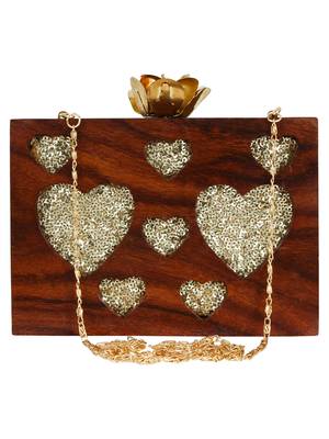 Timber Heart Sequins Wooden Party Clutch Bag Brown 1