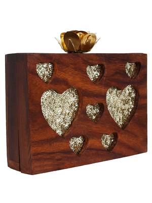 Timber Heart Sequins Wooden Party Clutch Bag Brown 2