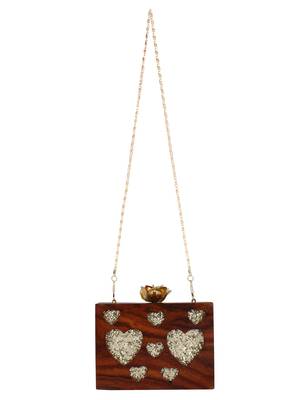 Timber Heart Sequins Wooden Party Clutch Bag Brown 4
