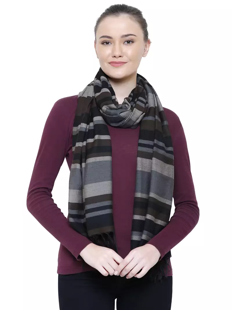 Brown & Black Viscose Rayon Striped Woven Design Scarf