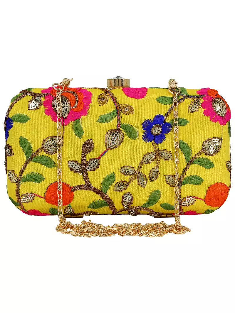 Ethnique Embroidered Party Clutch Bag Yellow & Multi