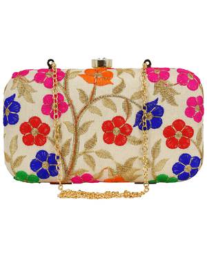 Ethnique Embroidered Party Clutch Bag Beige & Multi 1