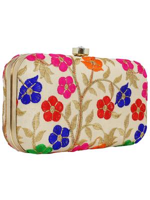 Ethnique Embroidered Party Clutch Bag Beige & Multi 2