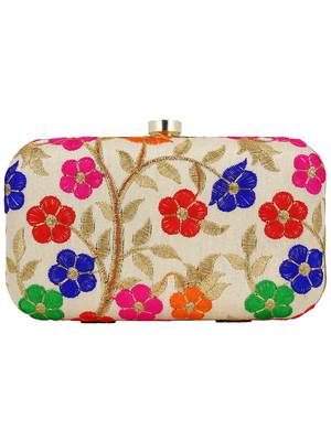 Ethnique Embroidered Party Clutch Bag Beige & Multi 3