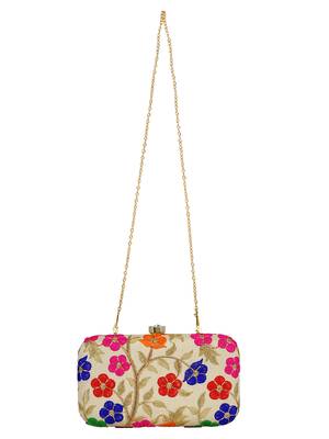 Ethnique Embroidered Party Clutch Bag Beige & Multi 4
