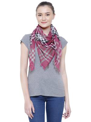 Dark Pink & Beige Viscose Rayon Checked Woven Design Scarf 1