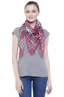 Dark Pink & Beige Viscose Rayon Checked Woven Design Scarf