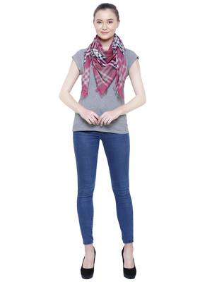 Dark Pink & Beige Viscose Rayon Checked Woven Design Scarf 2