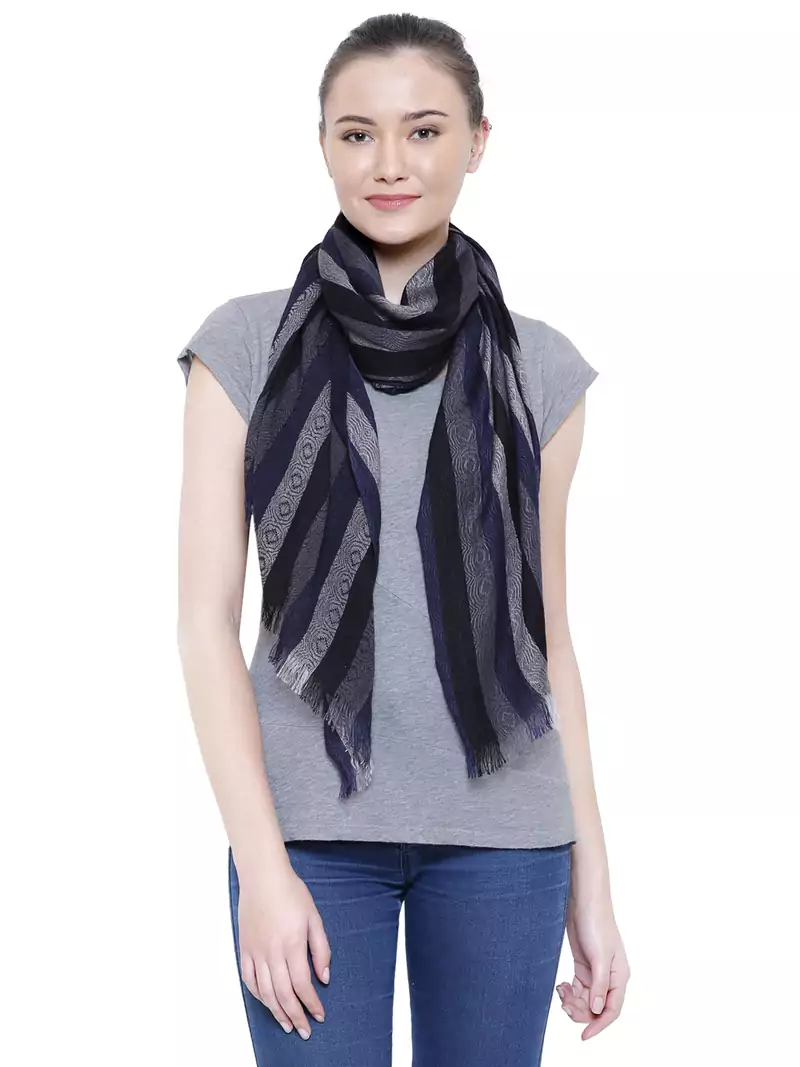 Navy & Black Viscose Rayon Striped Woven Design Scarf