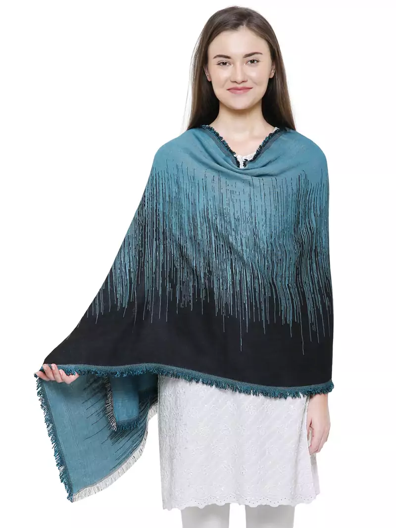 Turquoise & Black Viscose Rayon Graphic Woven Design Shawl
