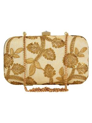 Ethnique Embroidered Party Clutch Bag Beige & Gold 1