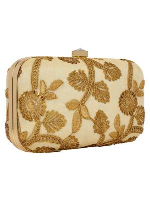 Ethnique Embroidered Party Clutch Bag Beige & Gold 2